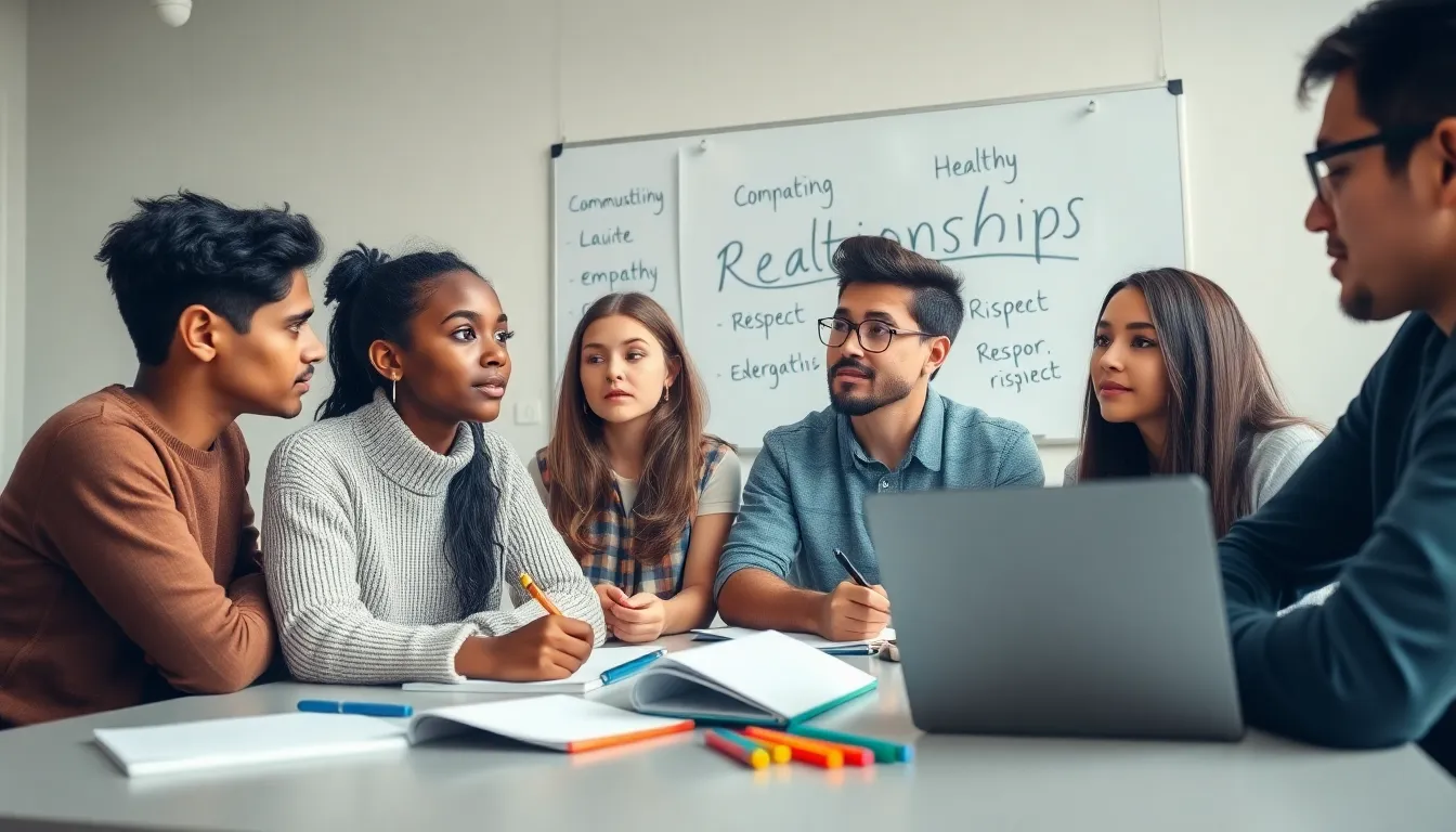 diverse teens discussing relationship advice in a classroom setting.