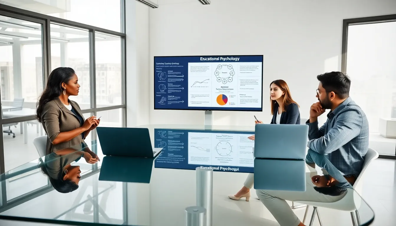 professionals discussing educational psychology in a modern office.