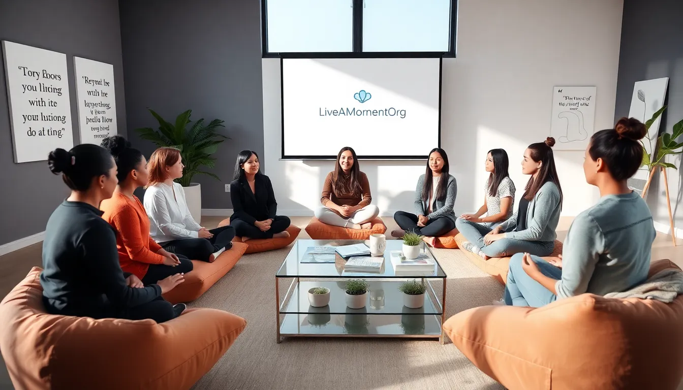 diverse group practicing mindfulness in a modern workshop setting.