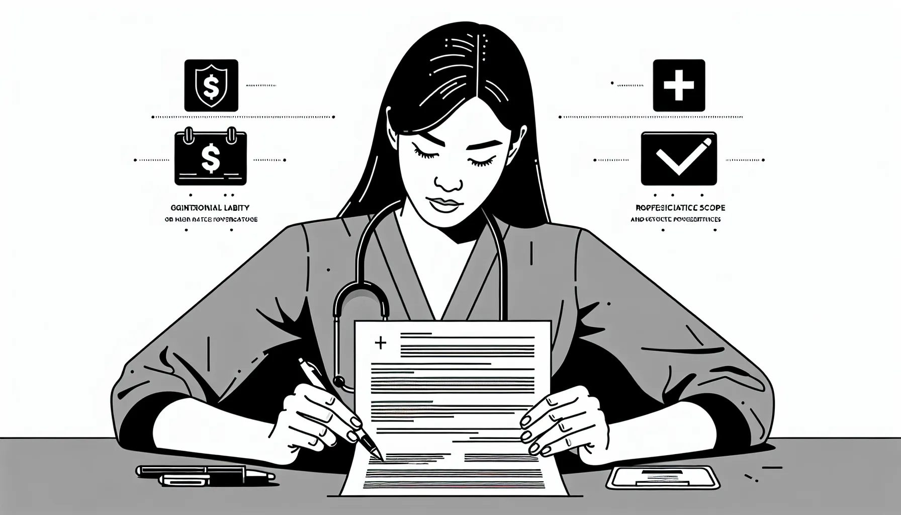 Veterinarian reviewing a contract with icons for pay, liability, and noncompete