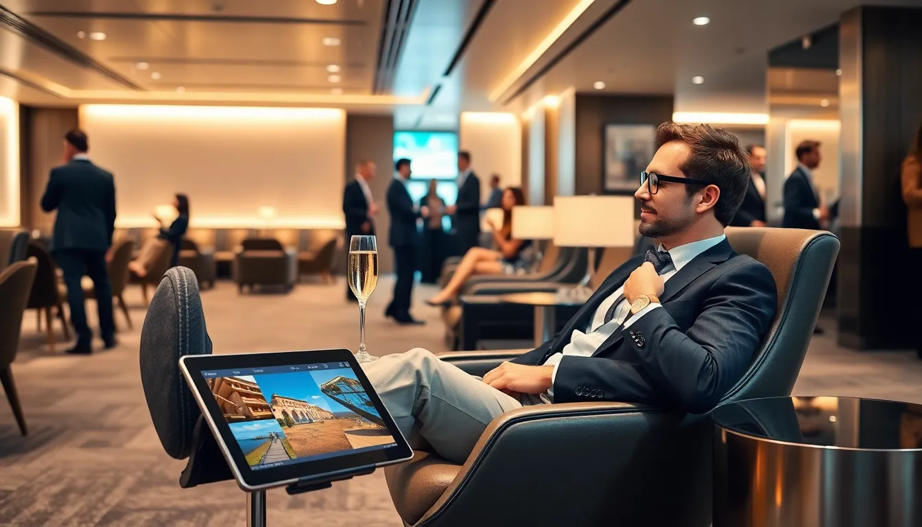 well-dressed traveler enjoying luxury amenities in a modern airport lounge.