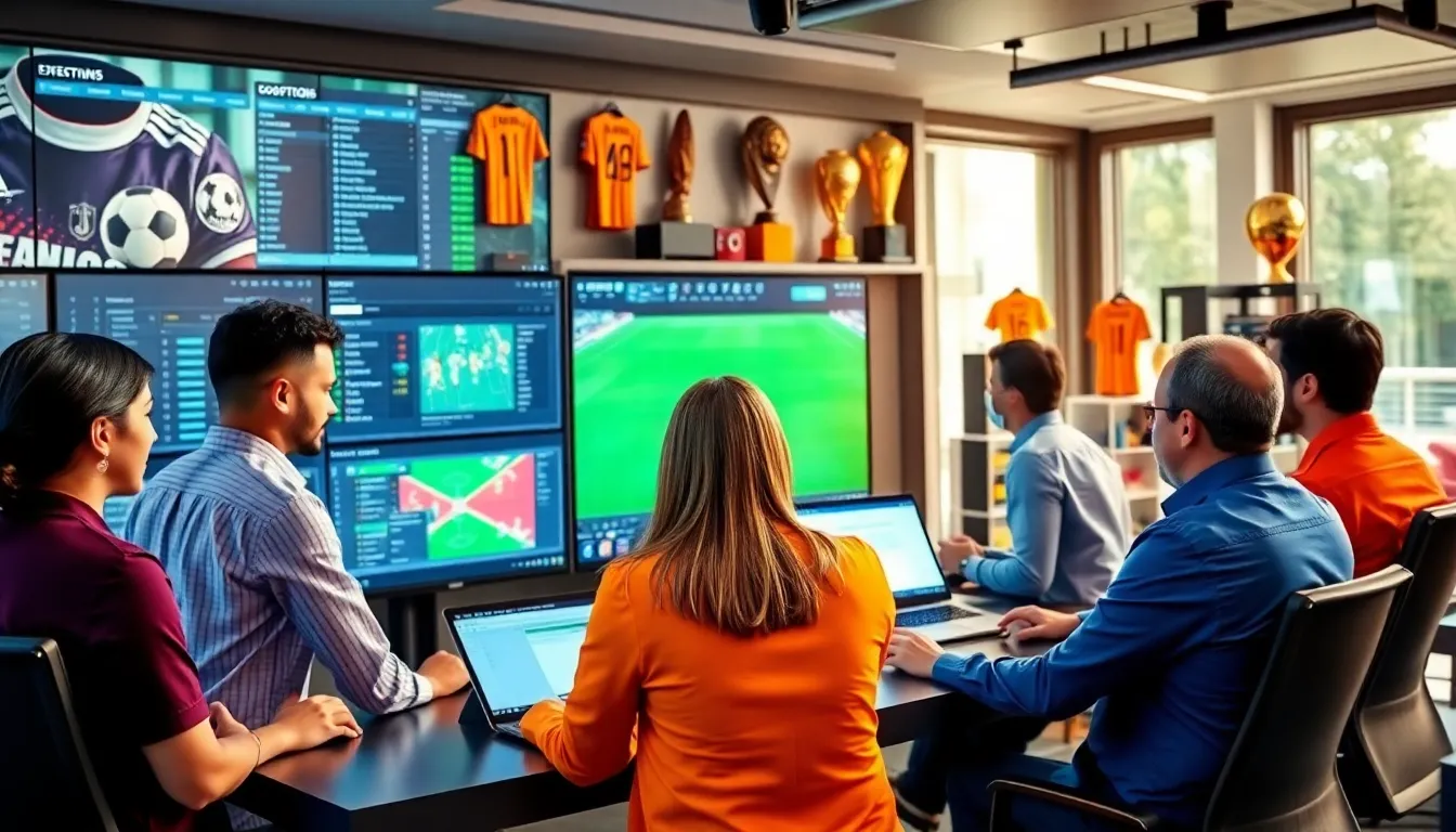diverse team analyzing football coverage in a modern newsroom.