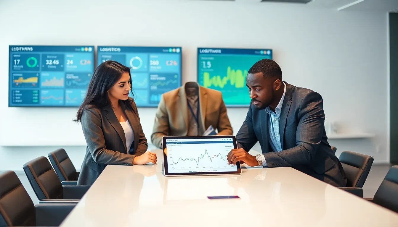 diverse logistics team discussing transportation software in a modern office.