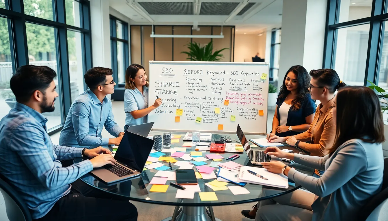 diverse team collaborating on SEO copywriting strategy in a modern office.