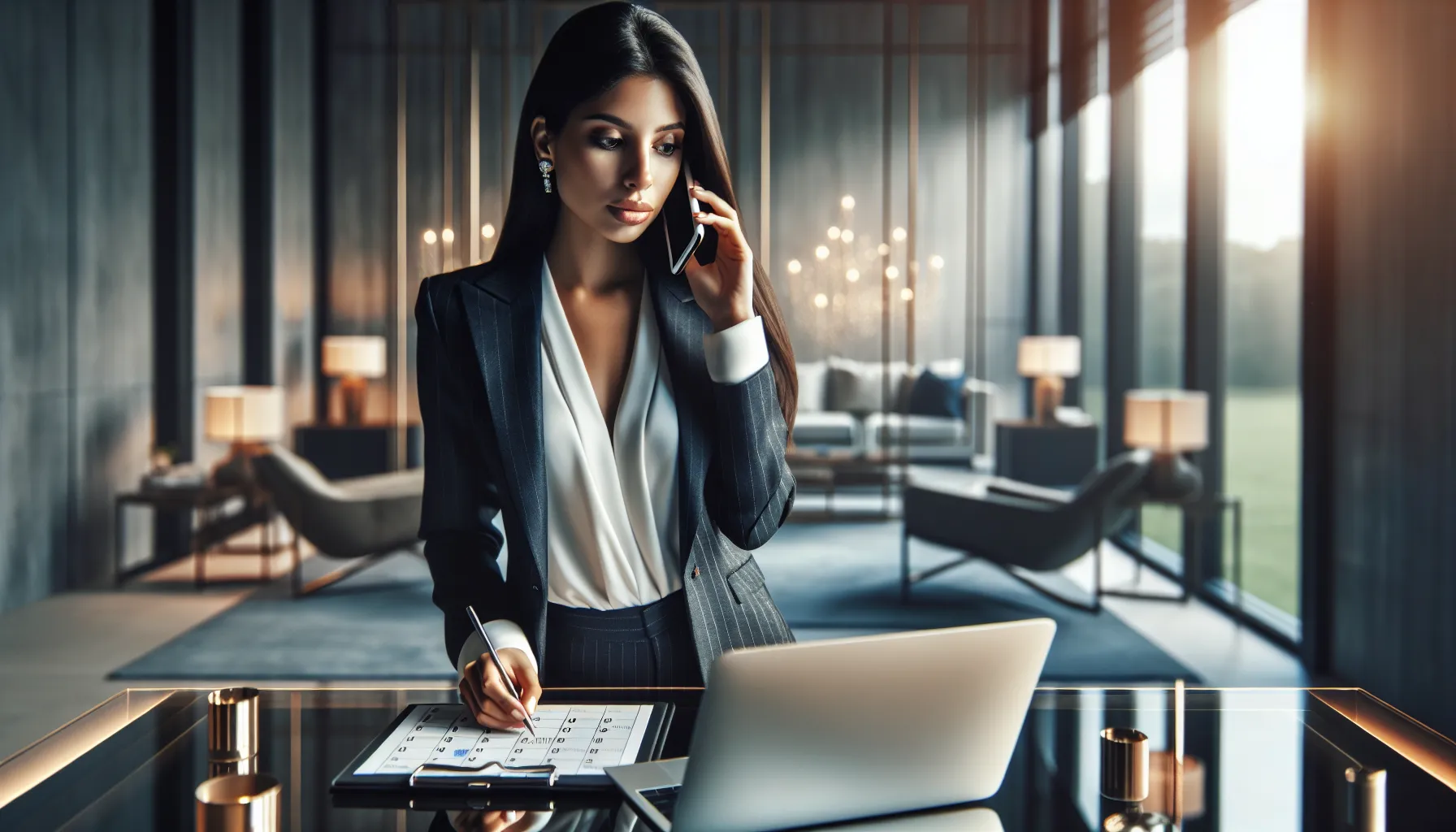 a professional on a phone in a bright modern office setting.