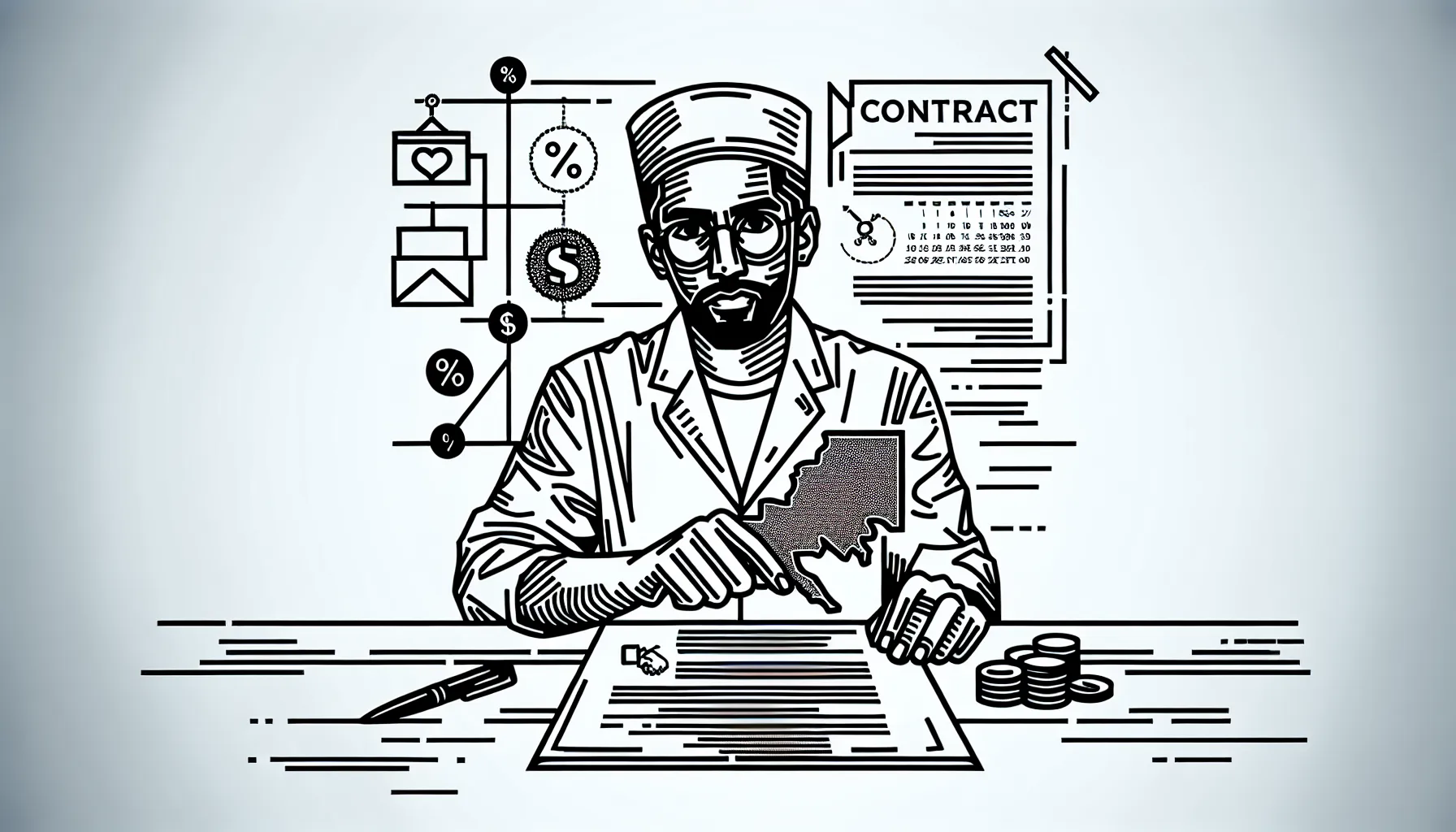 Veterinarian at desk pointing to a contract with icons for key contract terms.