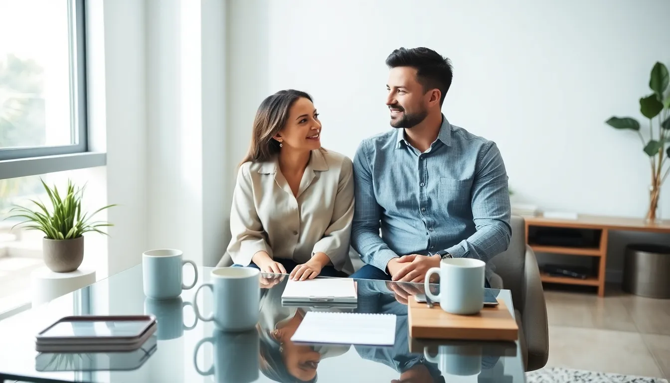 couple engaged in a meaningful conversation in a modern office.