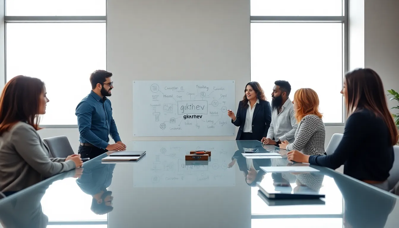 diverse team brainstorming in a modern office.