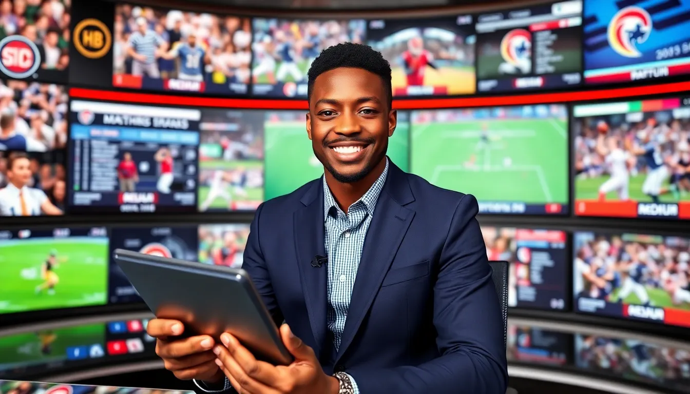 a sports analyst at a news desk with live match updates behind him.