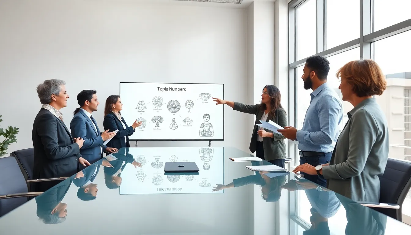 professionals discussing the significance of numbers in a modern office.