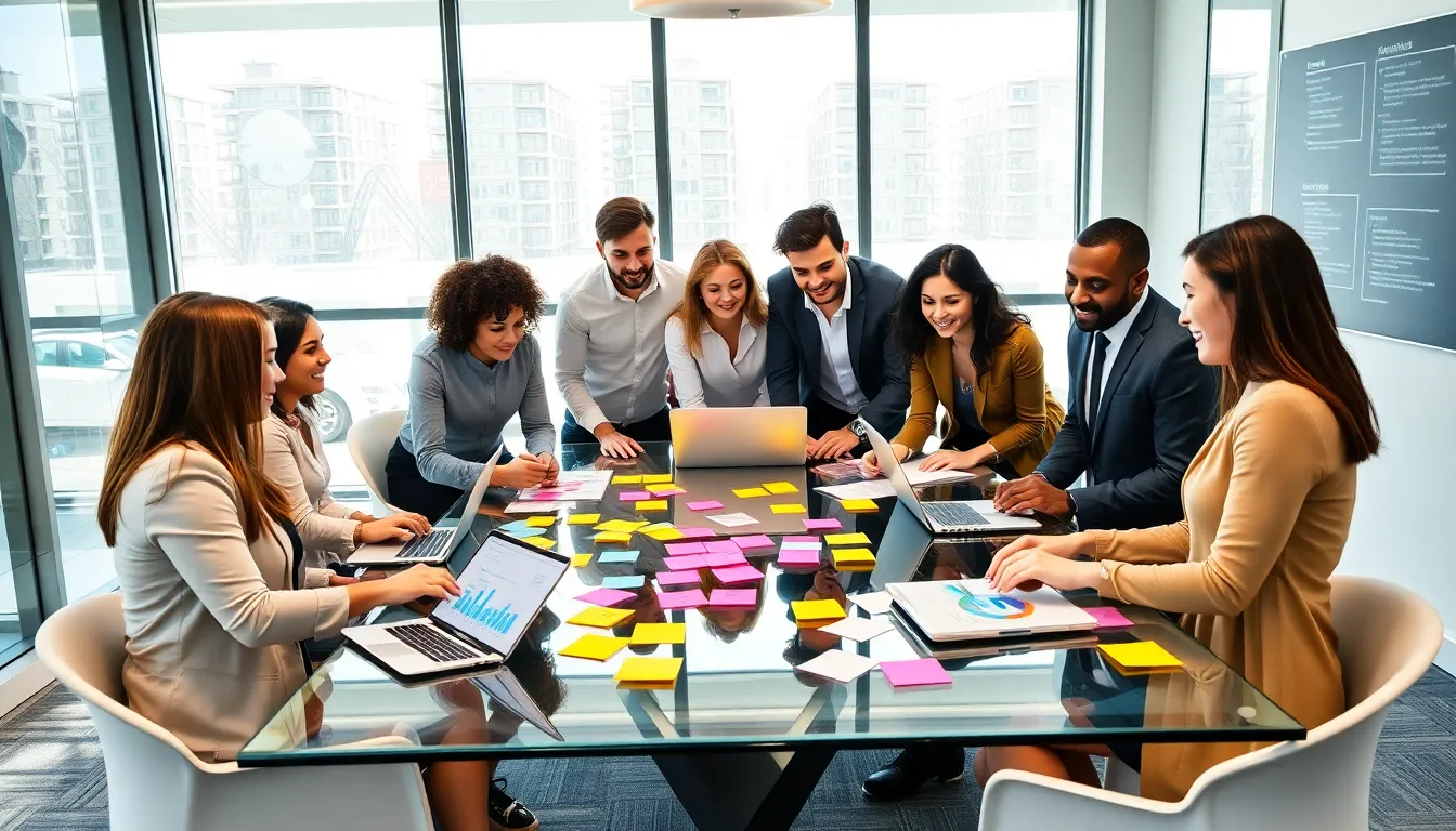 diverse team of product managers brainstorming in a modern office.