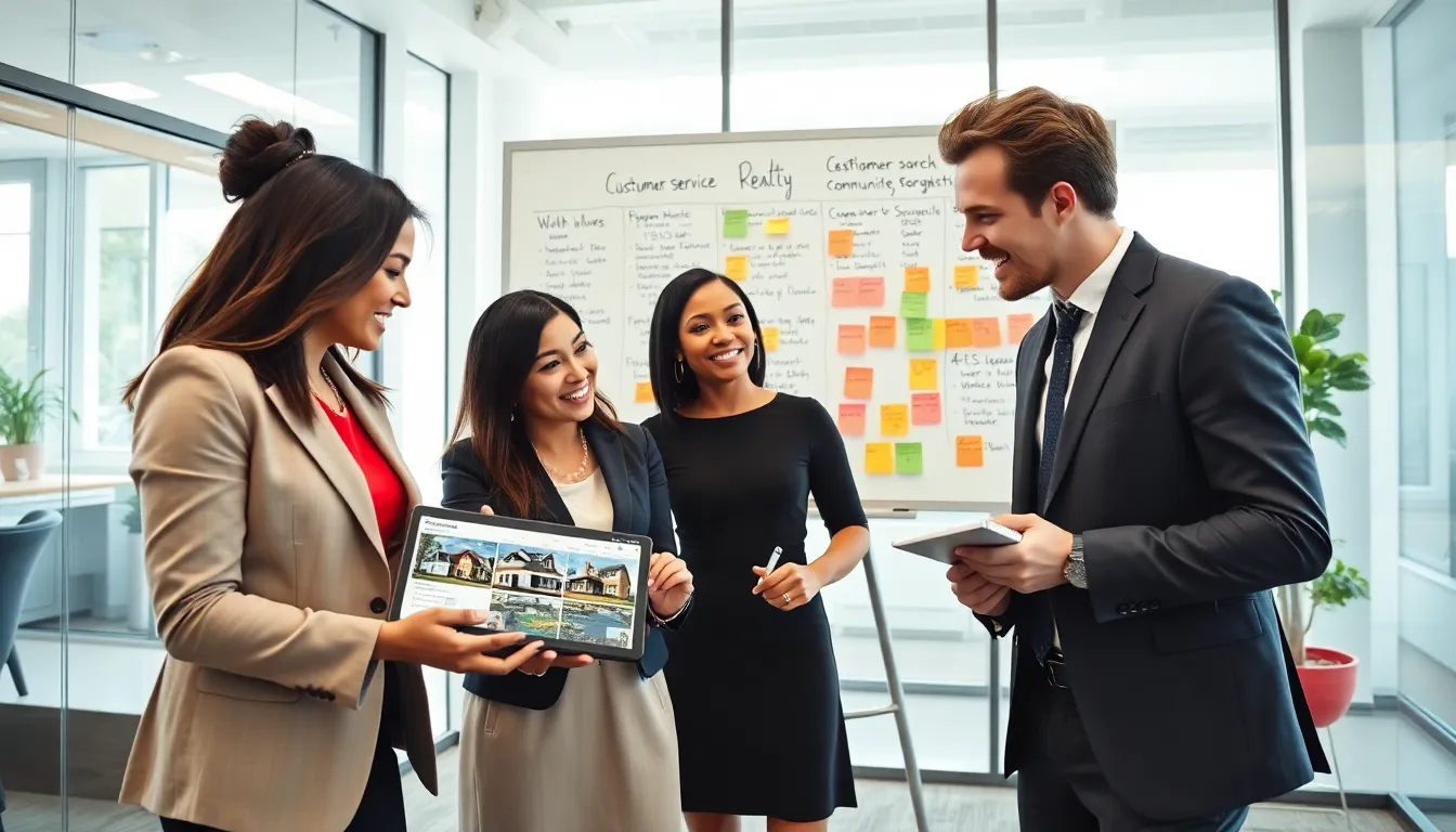 real estate agents collaborating in a modern office setting.
