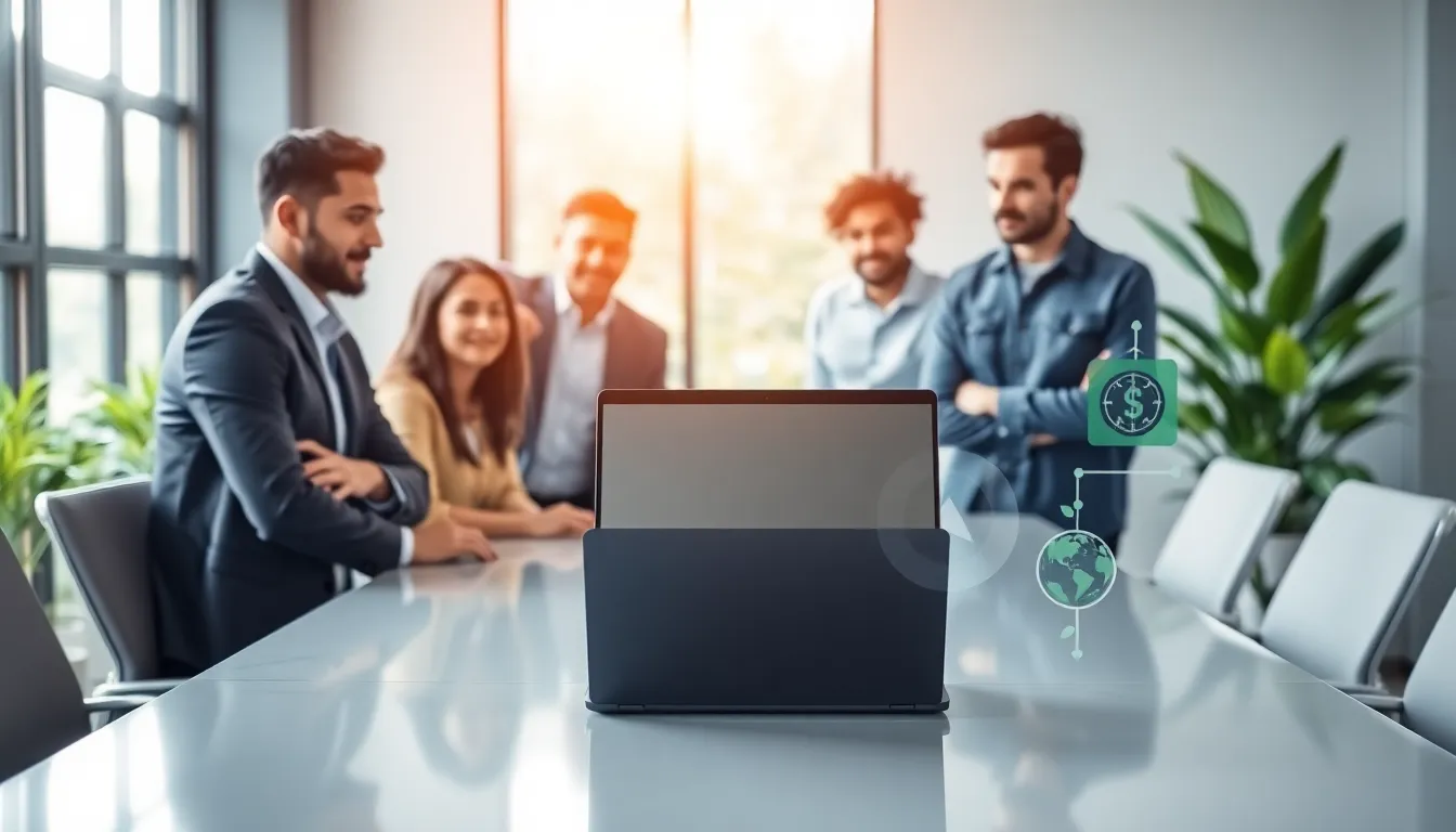 diverse team discussing benefits of cheap used laptops in a modern office.