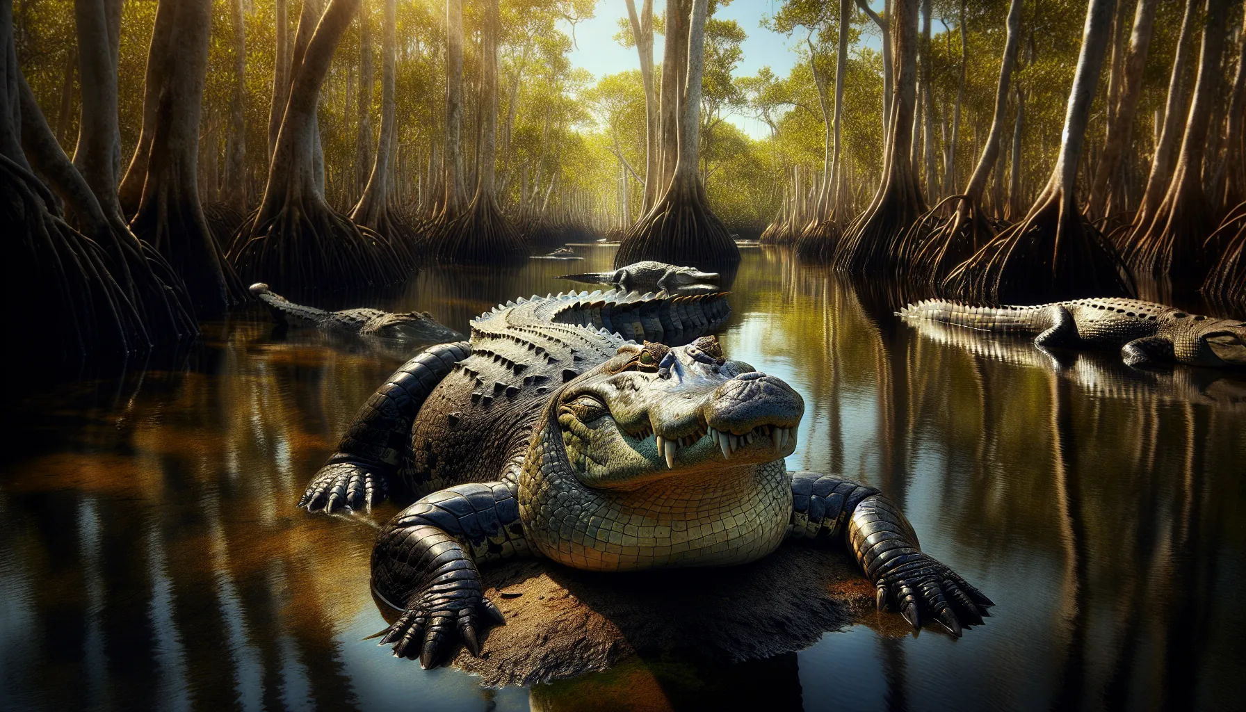 a crocodile and alligator resting by a river in a lush swamp.