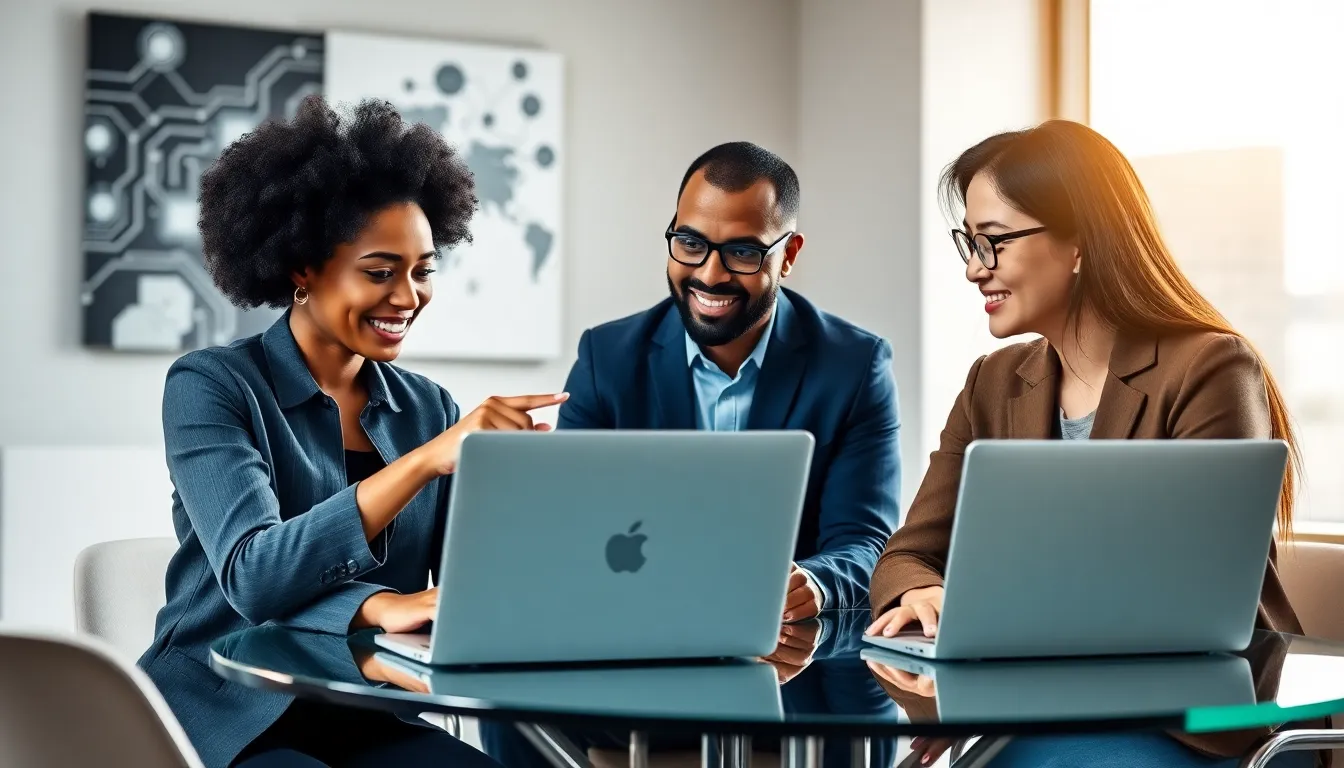 diverse team collaborating on software in a modern office.