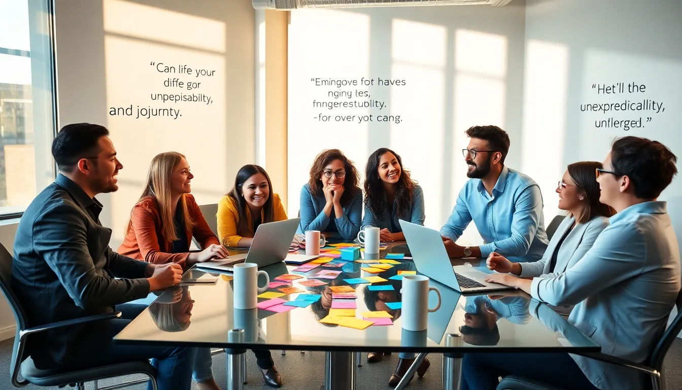diverse professionals discussing life experiences in a modern office.