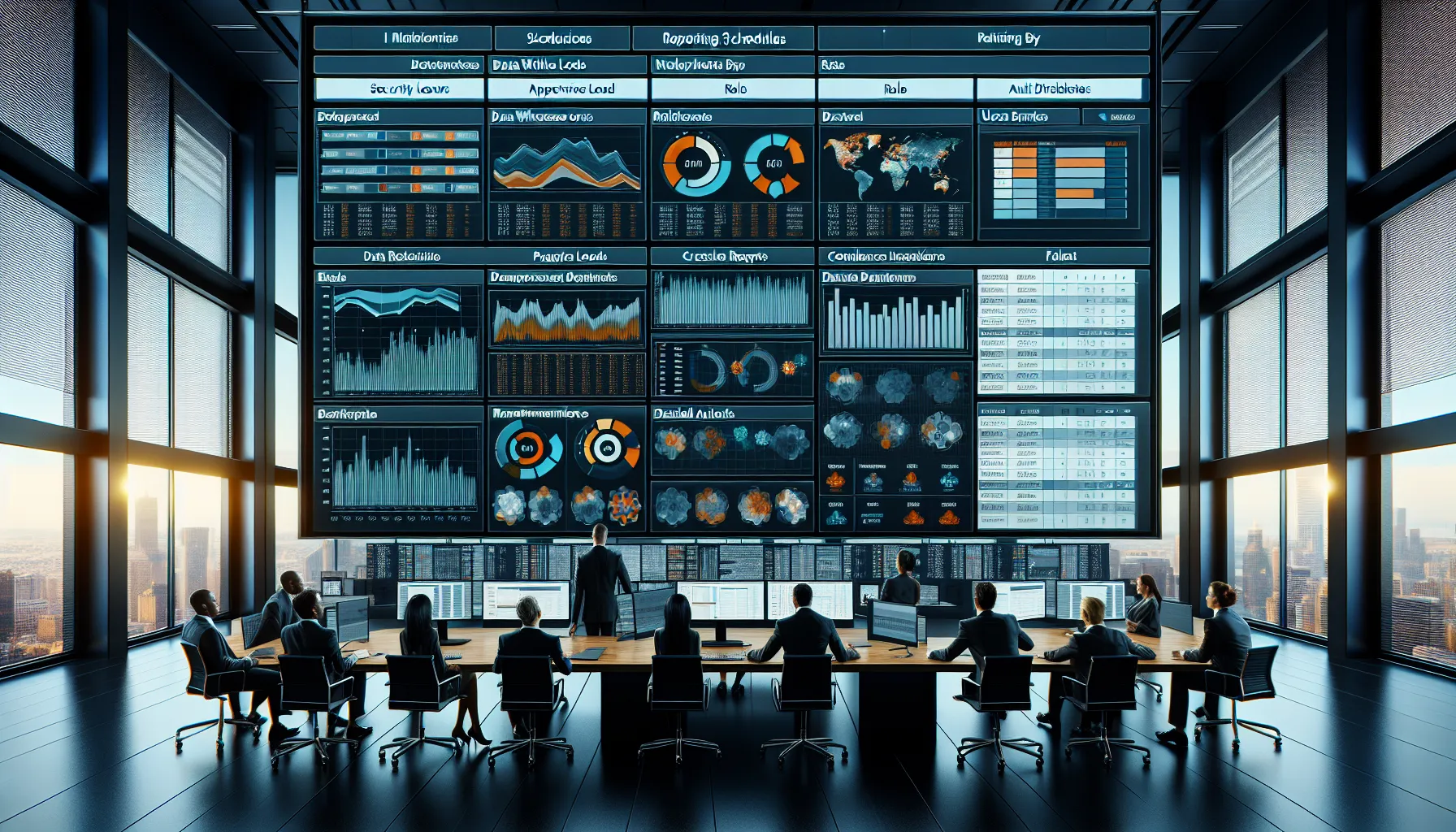 Analytics team reviewing centralized Tableau report scheduling and audit dashboards in a modern office.