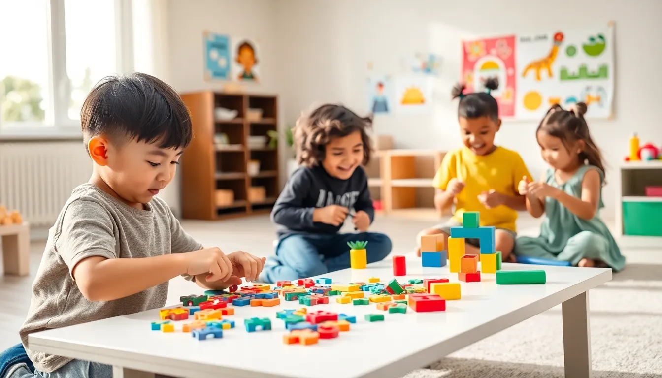 diverse preschoolers engaging in developmental activities in a bright playroom.