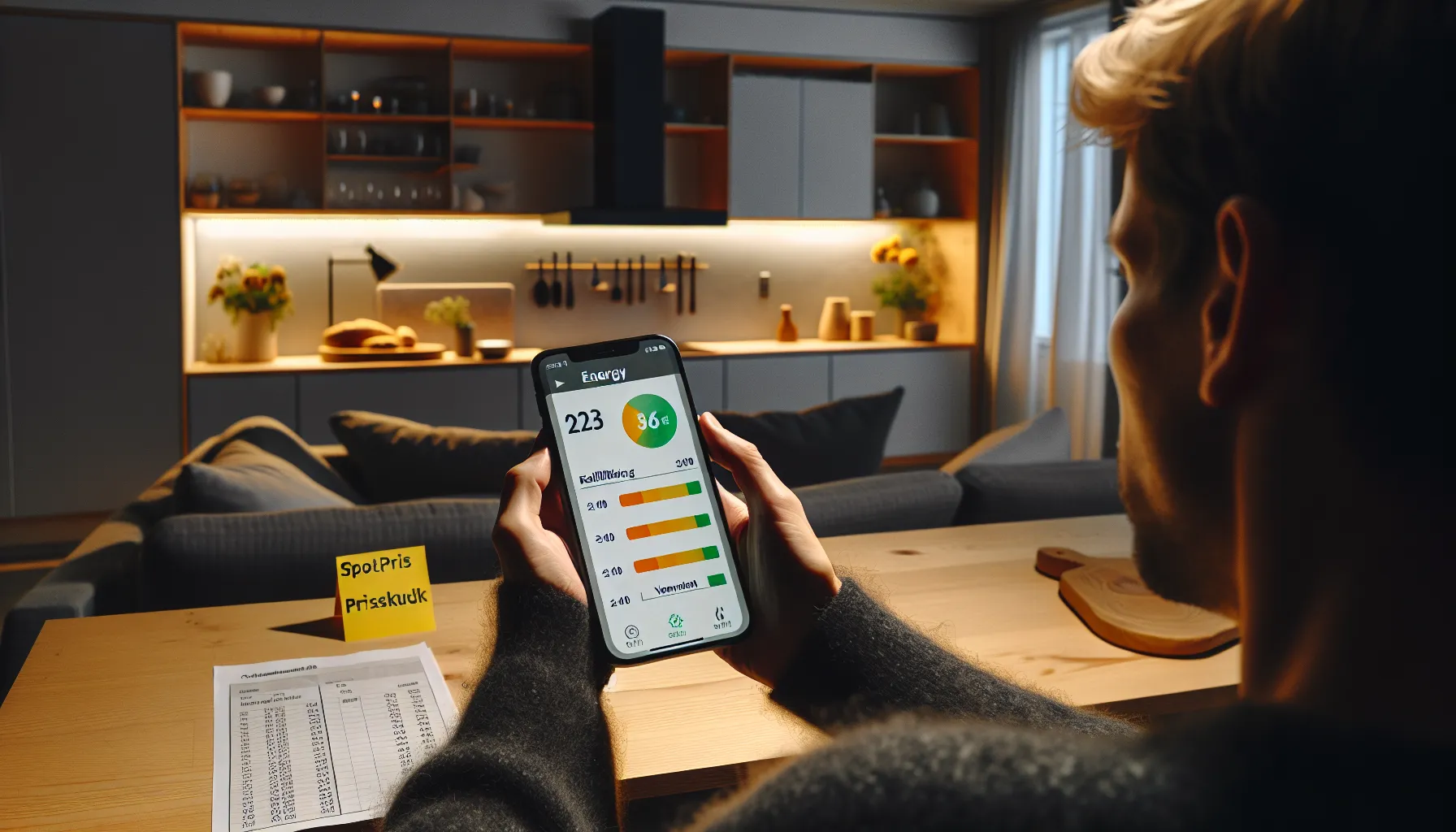 Norwegian homeowner checks energy app and bill, scheduling ev charging overnight.