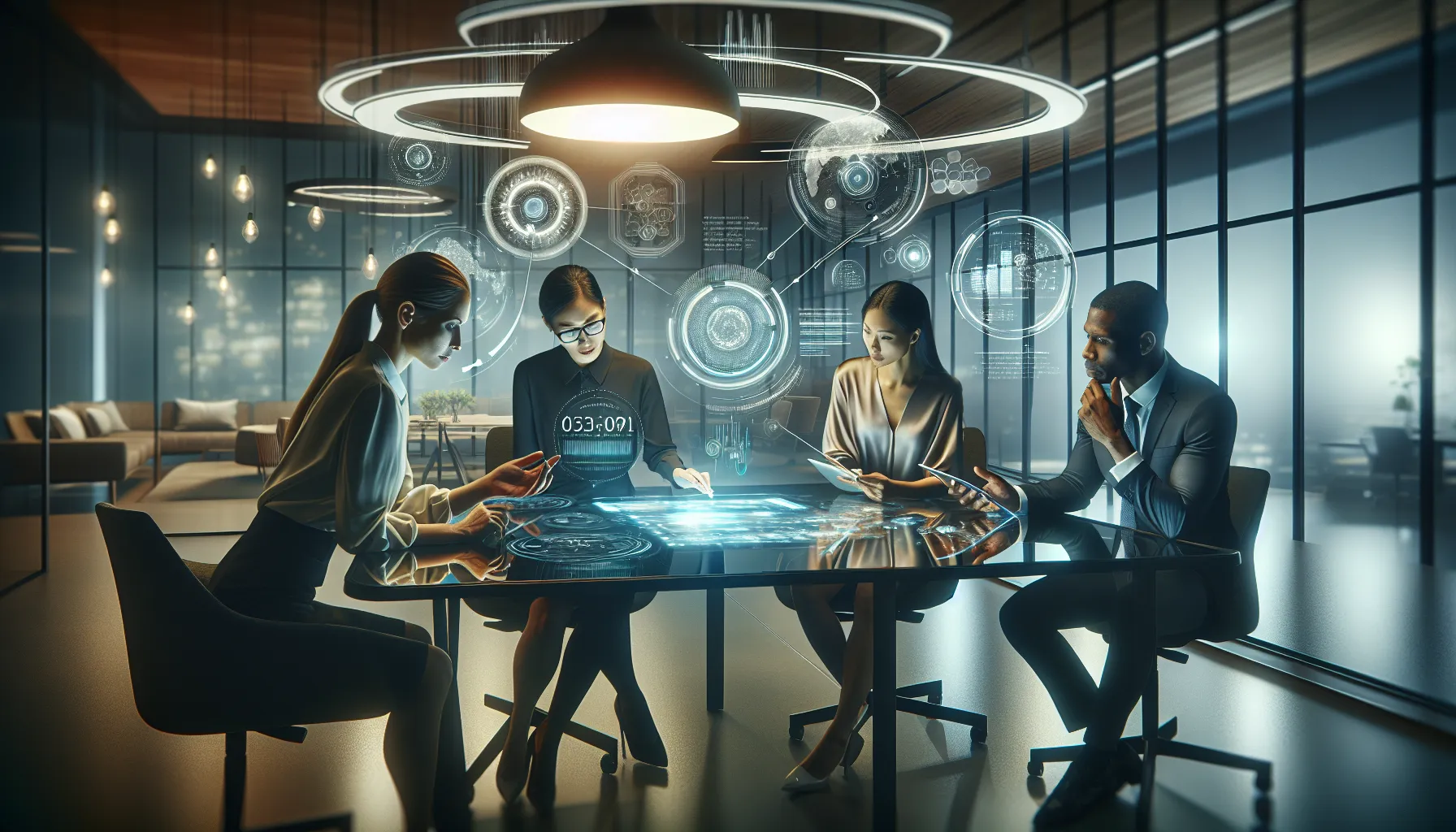 diverse professionals collaborating around a digital tablet in a modern office.