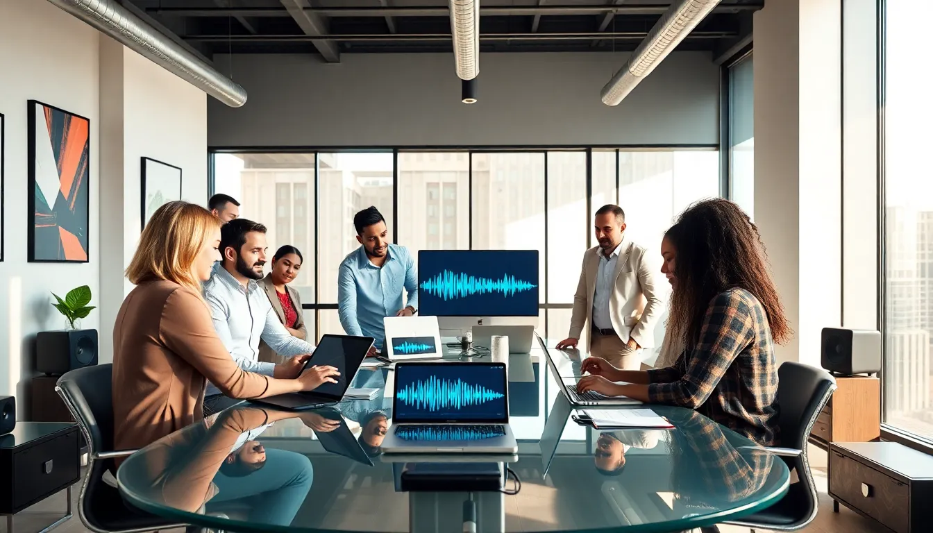 diverse team discussing audio trends in a modern office setting.
