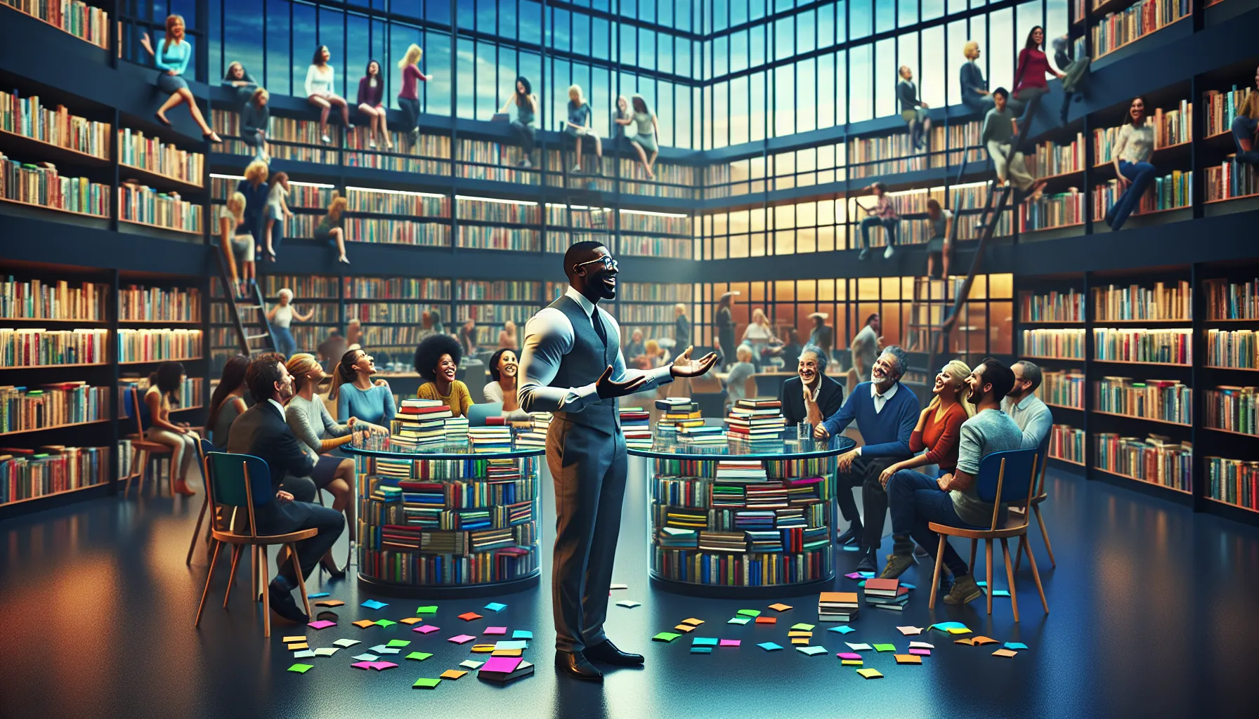 librarians and community members engaged in discussions in a modern library.