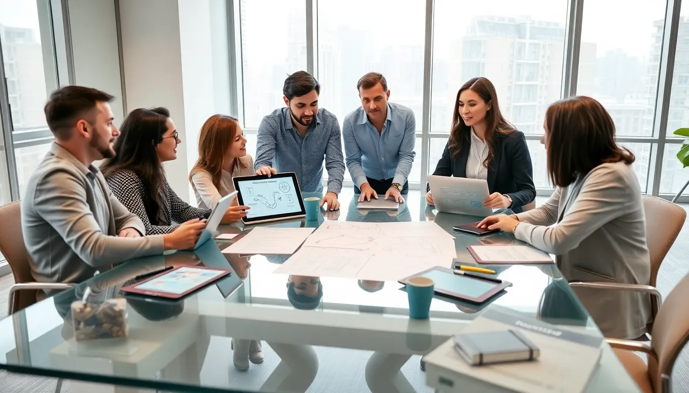 diverse team collaborating on innovative concepts in a stylish office.