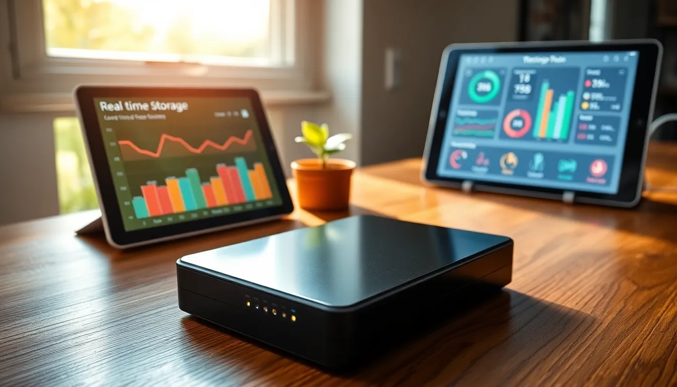 A modern energy storage device displayed in a sunlit home.
