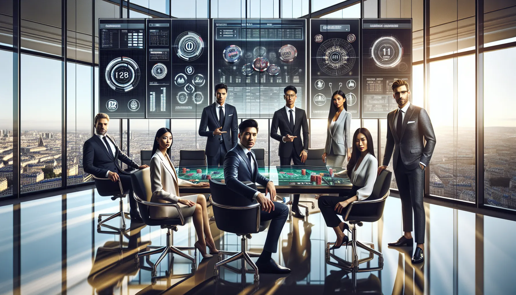 Business team planning casino market entry in a modern Paris office.