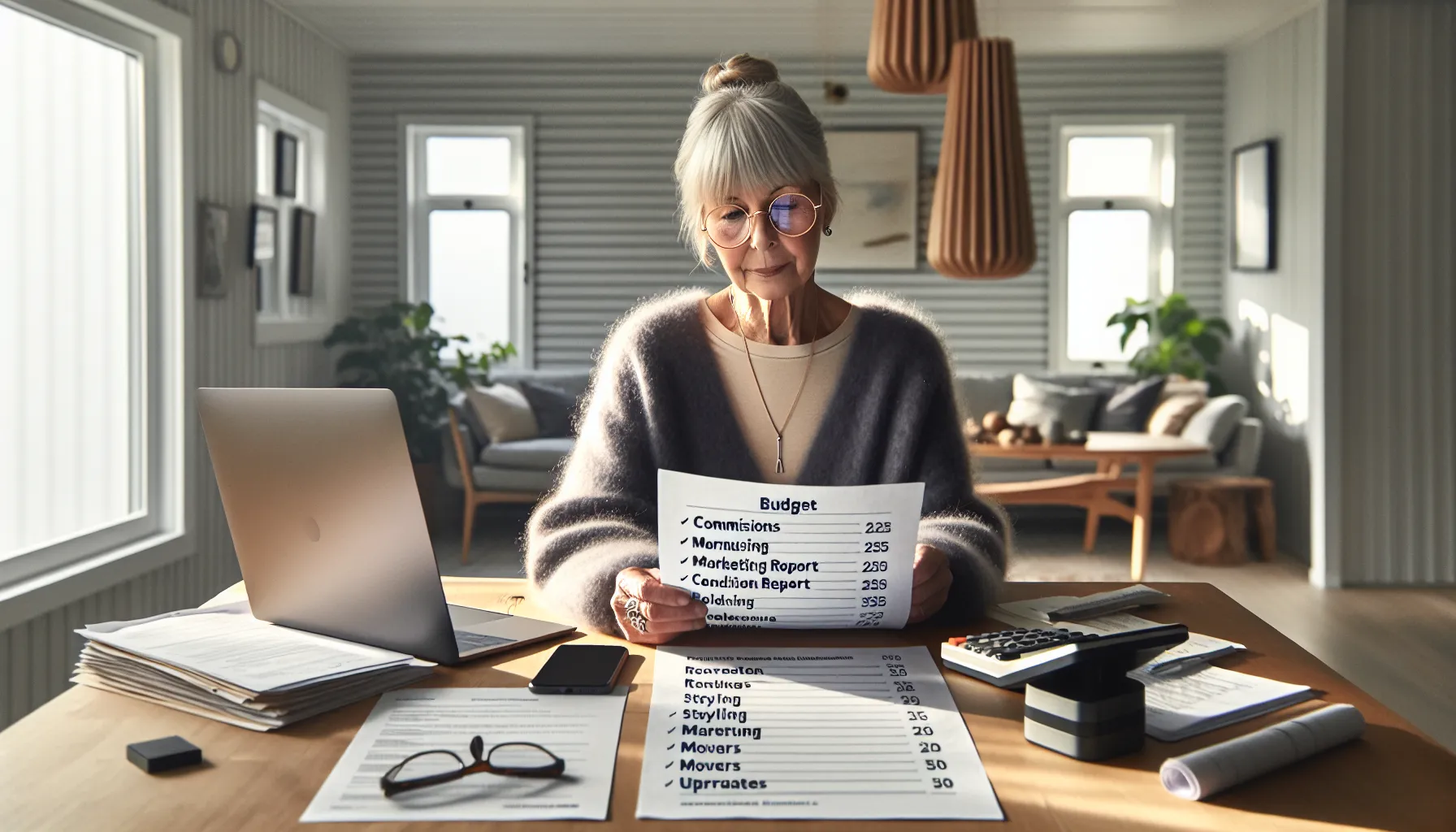 Elderly norwegian woman organizes home-sale documents with daughter at a sunlit table.
