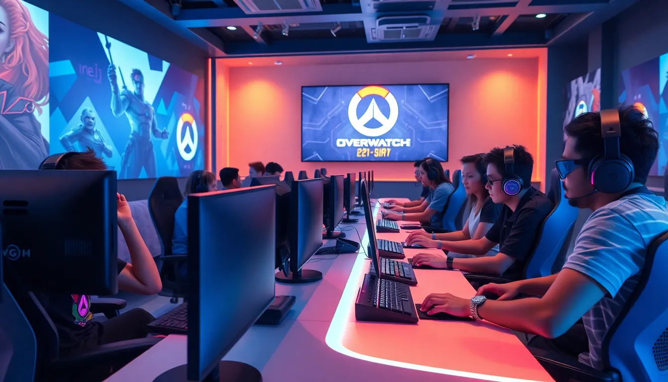 gamers enjoying the next Overwatch event in a modern gaming lounge.