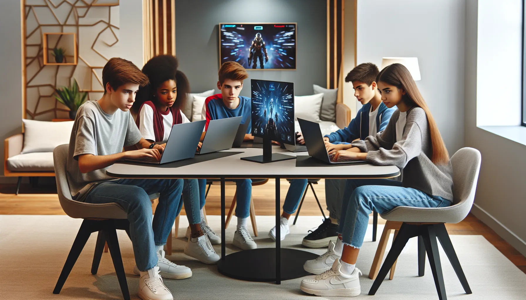 diverse teens collaborating during a multiplayer gaming session.