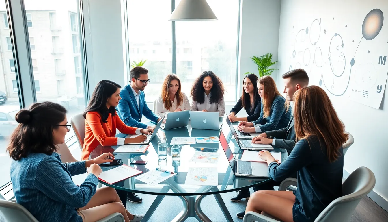 diverse professionals brainstorming in a modern co-working space.