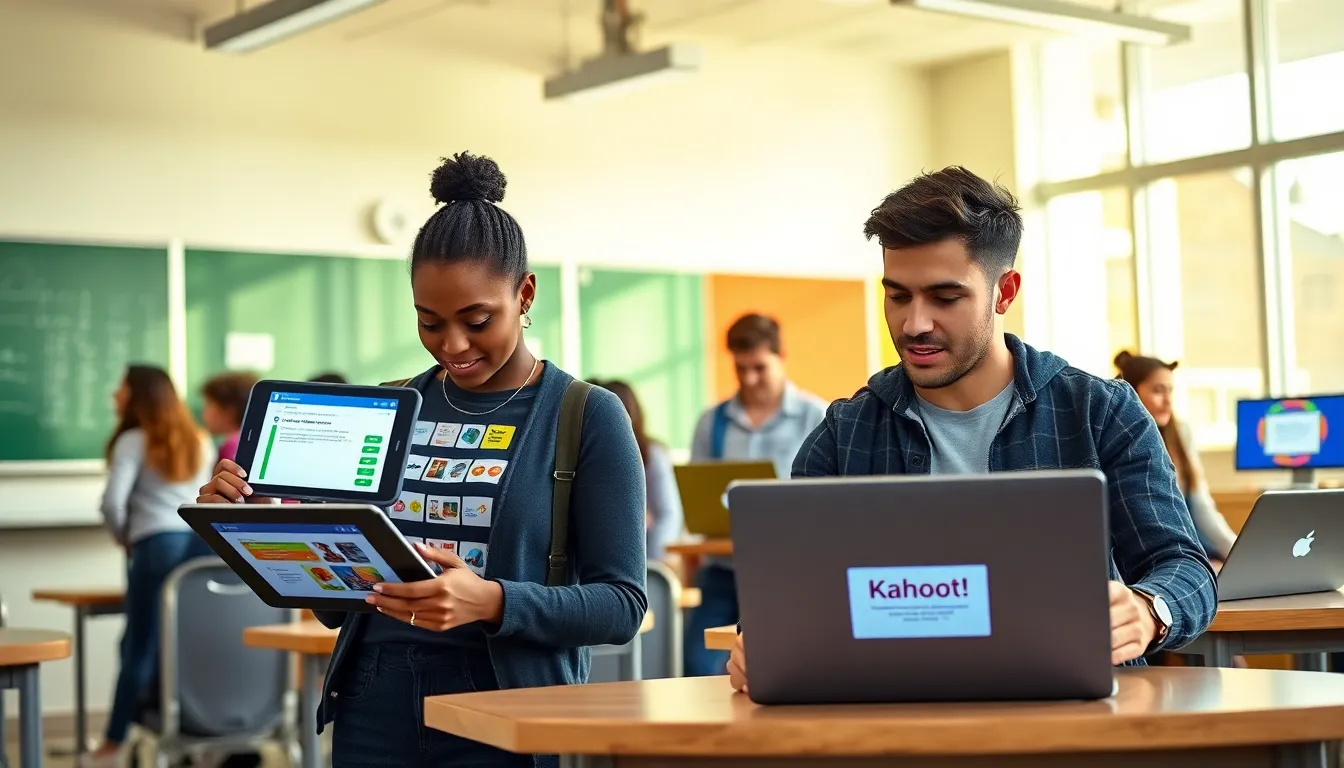 students using digital learning tools in a modern classroom.