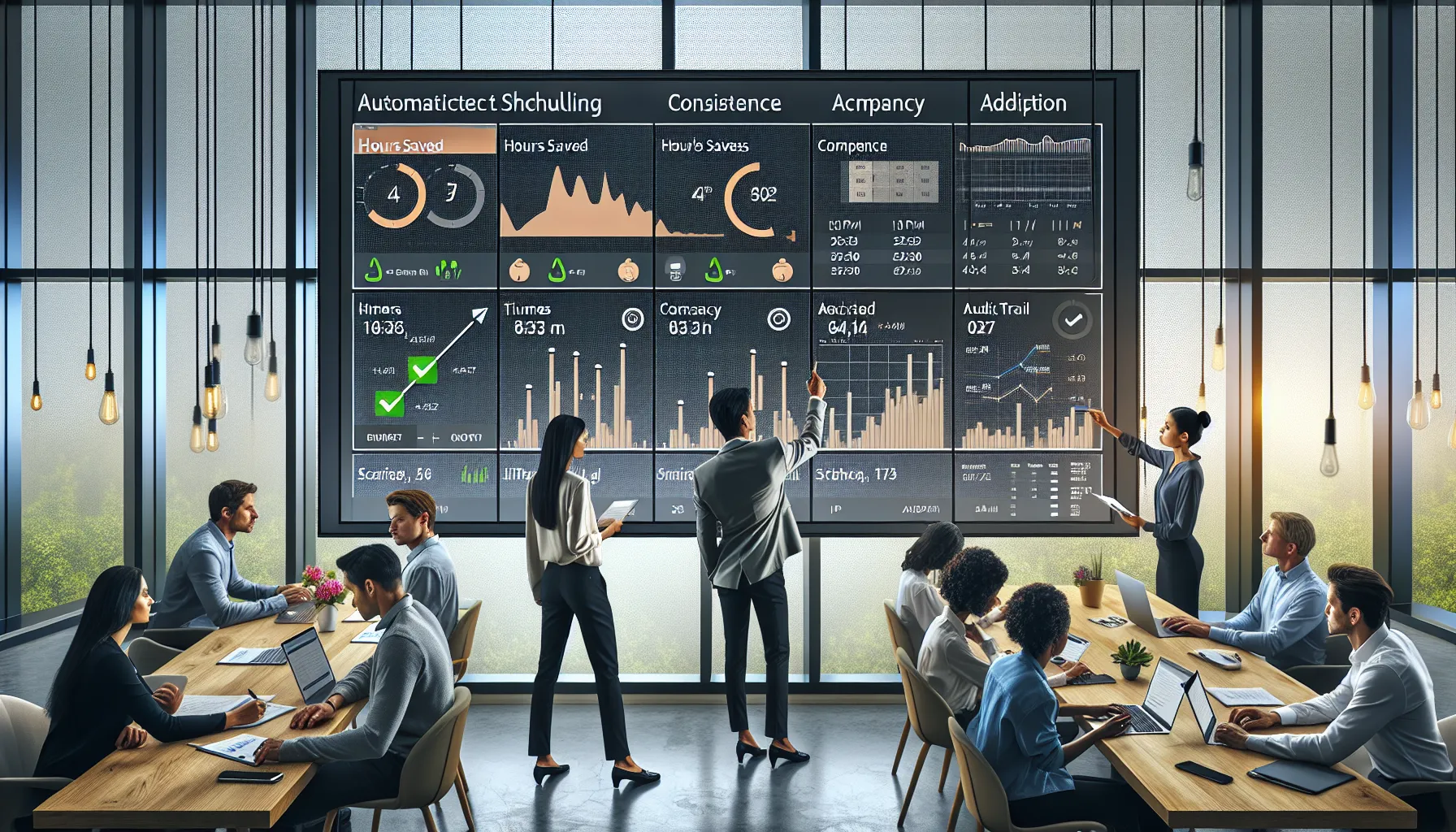 Analytics team reviewing automated Power BI report scheduling dashboard in a modern office.