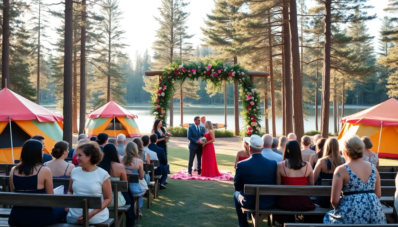 outdoor summer camp wedding with guests and a scenic lake.
