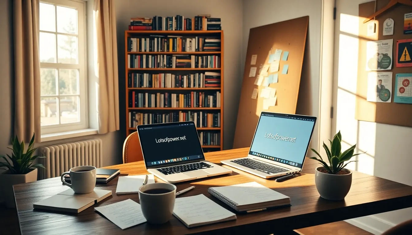 a home office desk with laptop showcasing Lotsofpower.net, filled with books and notes.