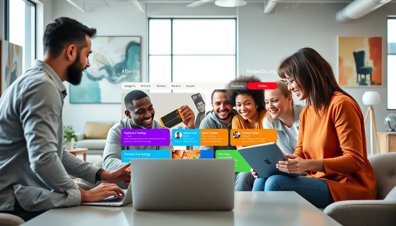 diverse group of users collaborating on digital content in a modern office.
