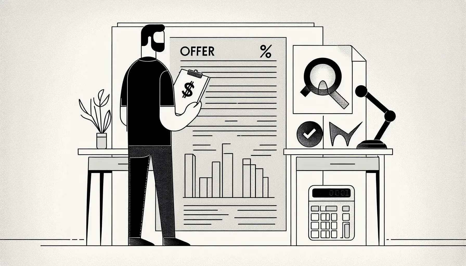 Dental associate examining an offer letter with compensation icons and audit checklist.
