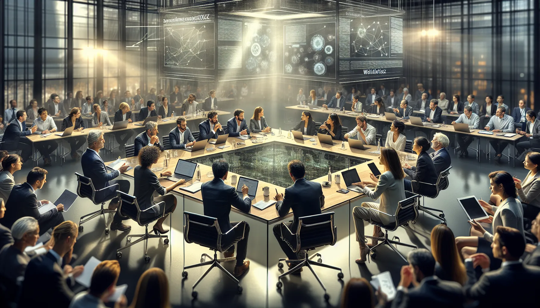 scientists debating research findings at a modern conference.