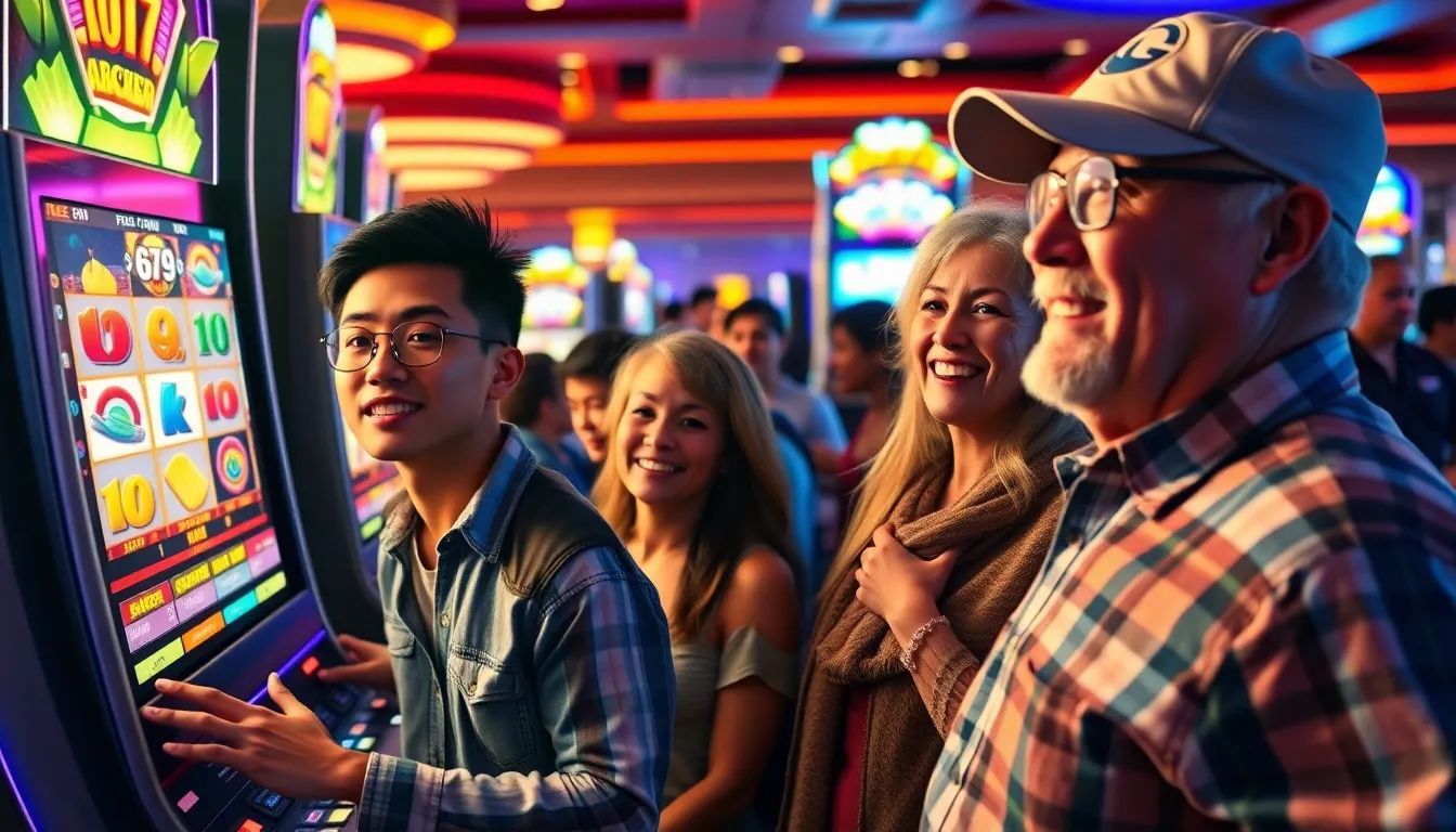 A lively casino scene featuring the Lots Of Power Play Archer Slot machine.