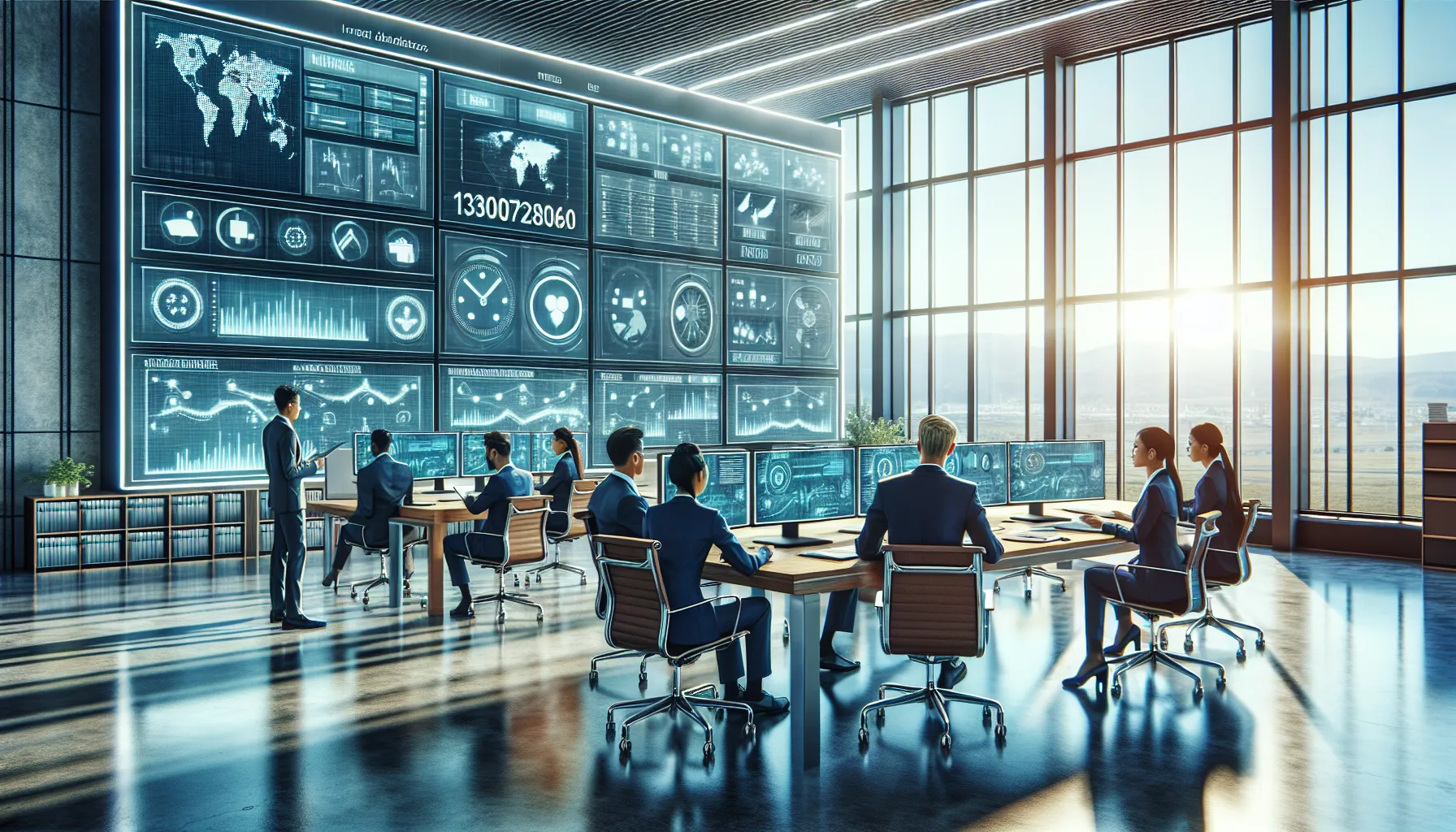 professionals collaborating in a logistics control room.