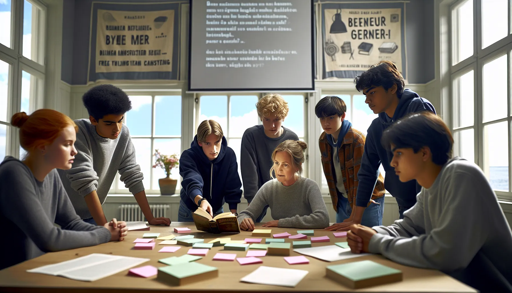 Norwegian students and teacher analyzing a novel together in a bright classroom.