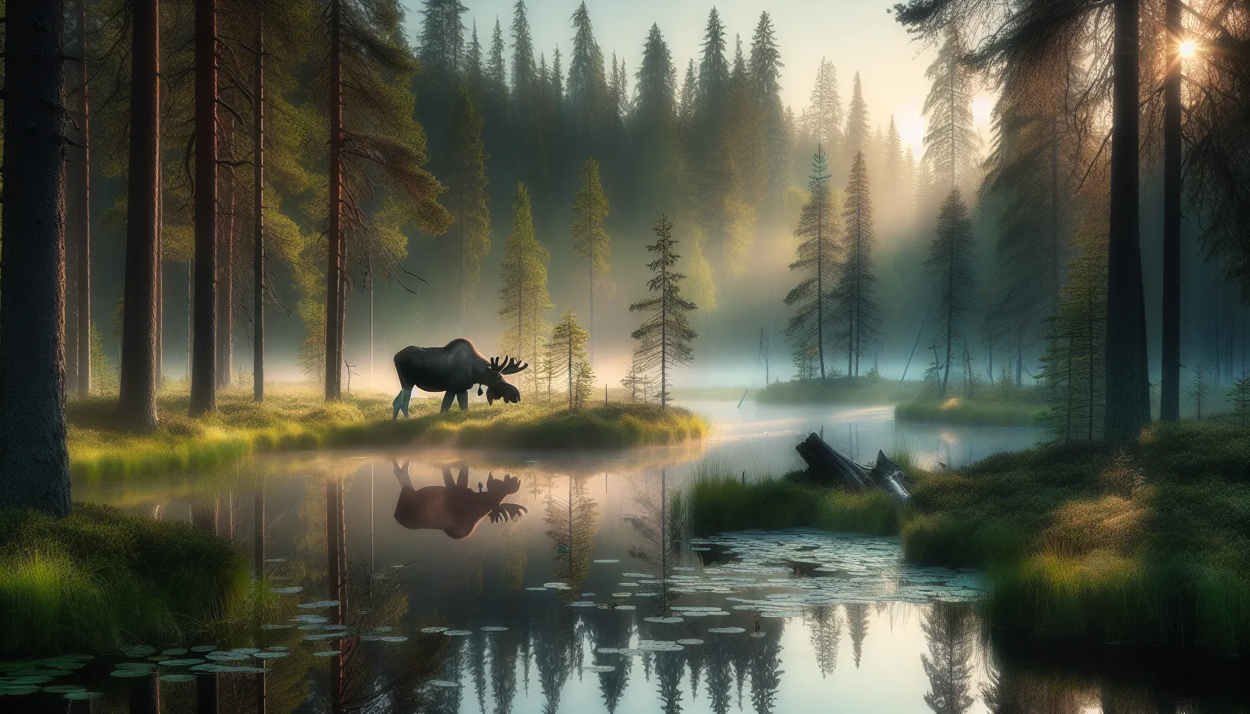 moose grazing in a misty forest near a wetland at dawn.