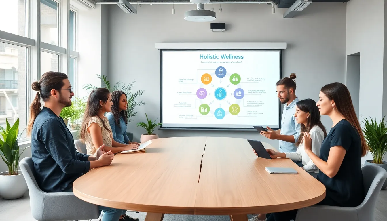 diverse group discussing holistic health in a modern workspace.