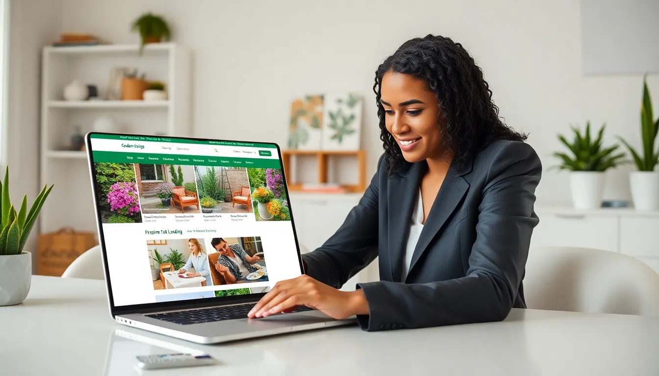 A laptop displaying vibrant garden and patio design ideas in a modern workspace.
