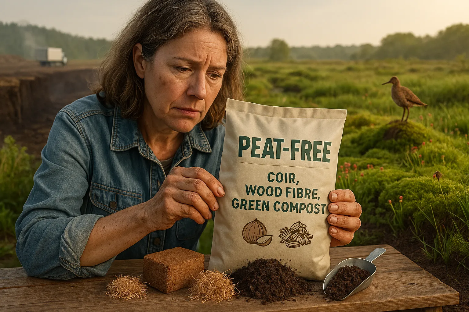 Gardener reading a peat-free compost bag beside a nearby peat bog