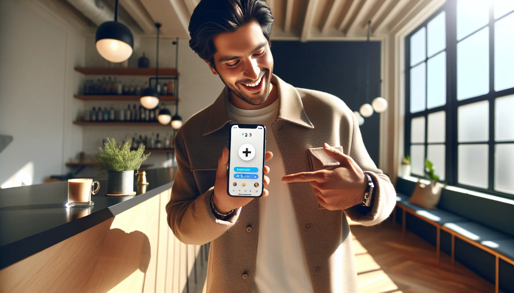 young adult using Snapchat Plus in a trendy coffee shop.