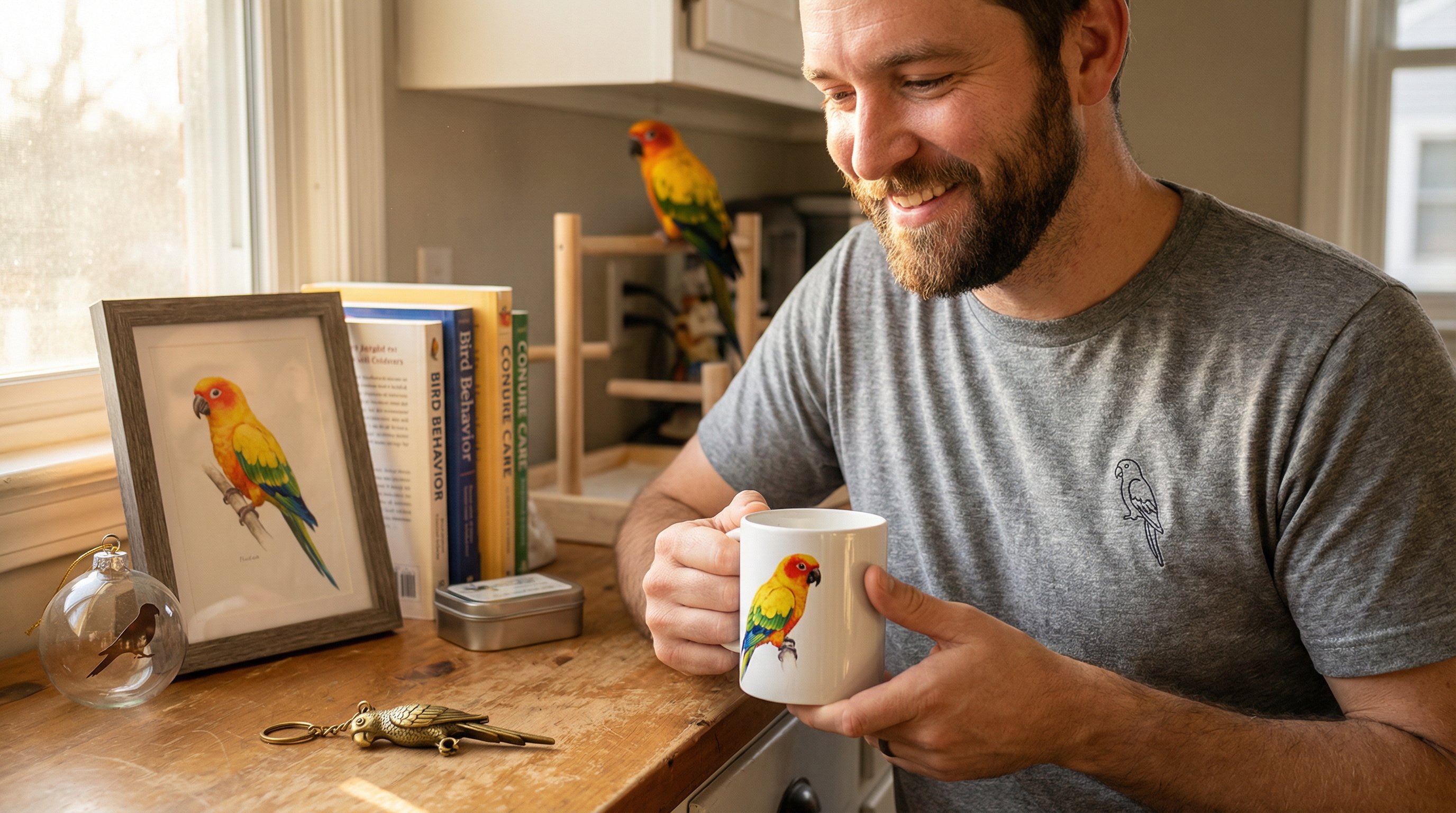 Man holding a custom bird portrait mug surrounded by personalized bird dad gifts.