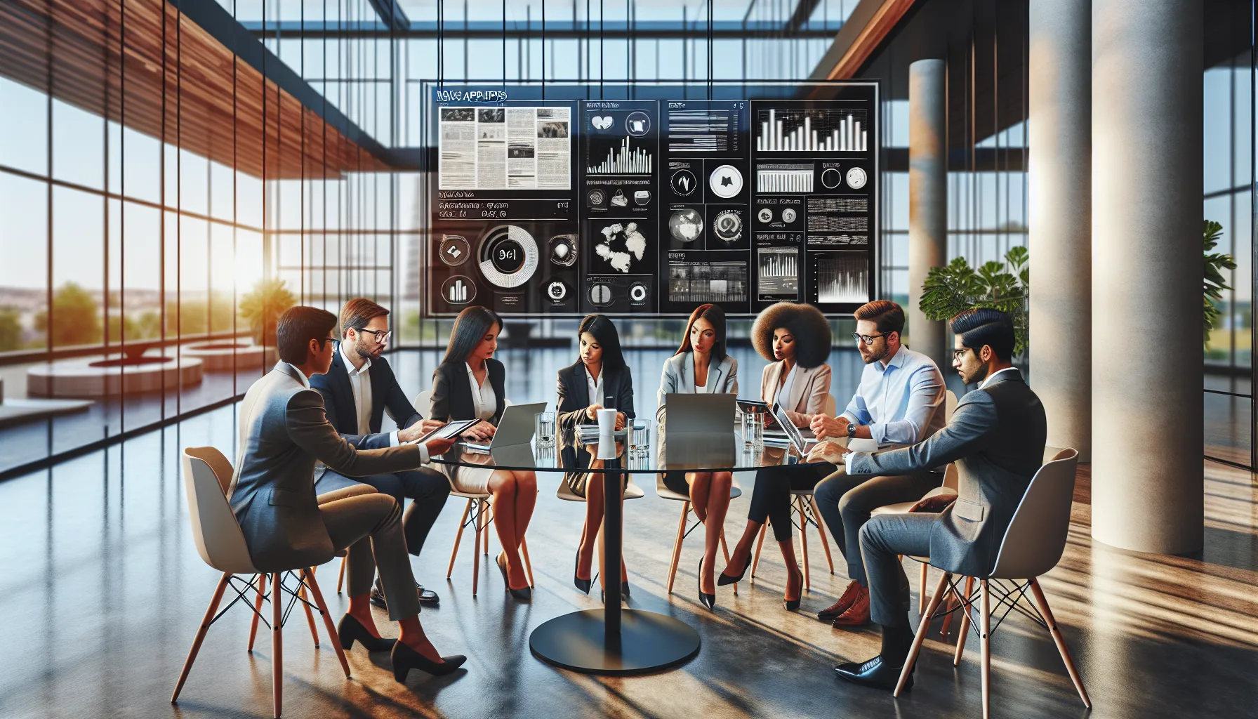 diverse team discussing news apps in a modern office.